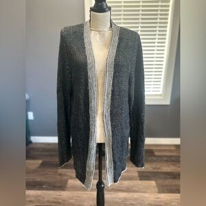 BKE Buckle Sweater Women XL Black White Cross Back Open Cardigan Duster Boho